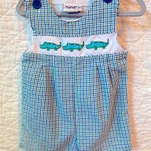 6-9 mos Smocked Jon Jon. Alligator print. Precious spring summer outfit!